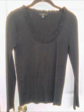 Jcrew Black Long-Sleeve Ruffle Scoop Neck Top